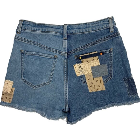 SONG Cut Off Jean Shorts Boho Denim Button Fly Distressed Plaid Patchwork 7 - Picture 7 of 12